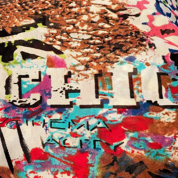 Mirror Image Womens Size S Colorful Abstract Graffiti Art Mesh Ruffle Hem Top - Picture 9 of 11